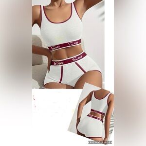 Sweet Women's Sports Bra and Shorts Set - White and Burgundy